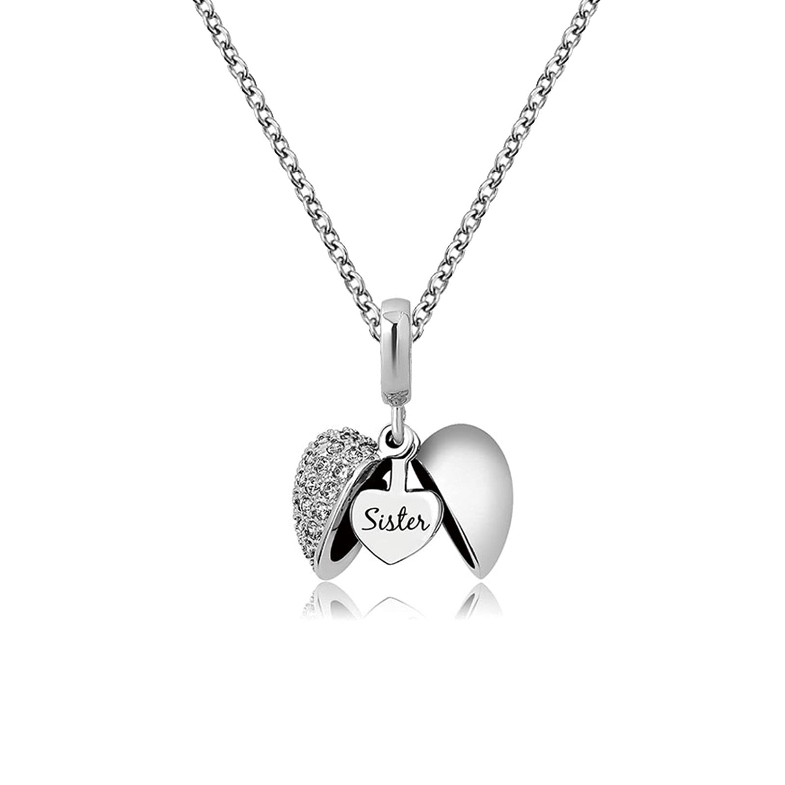 KunBead Jewelry Dainty I Love You Sister Open Heart Cheap Crystal Pendant Necklace for Girls