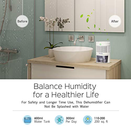 Homasy Mini Dehumidifier, 2200 Cubic Feet (220 sq ft) Compact and Portable 600ml (19 oz) Capacity Quiet Auto Off for Home, Kitchen, Bedroom, Bathroom, Basement, Caravan, Office, RV, Garage