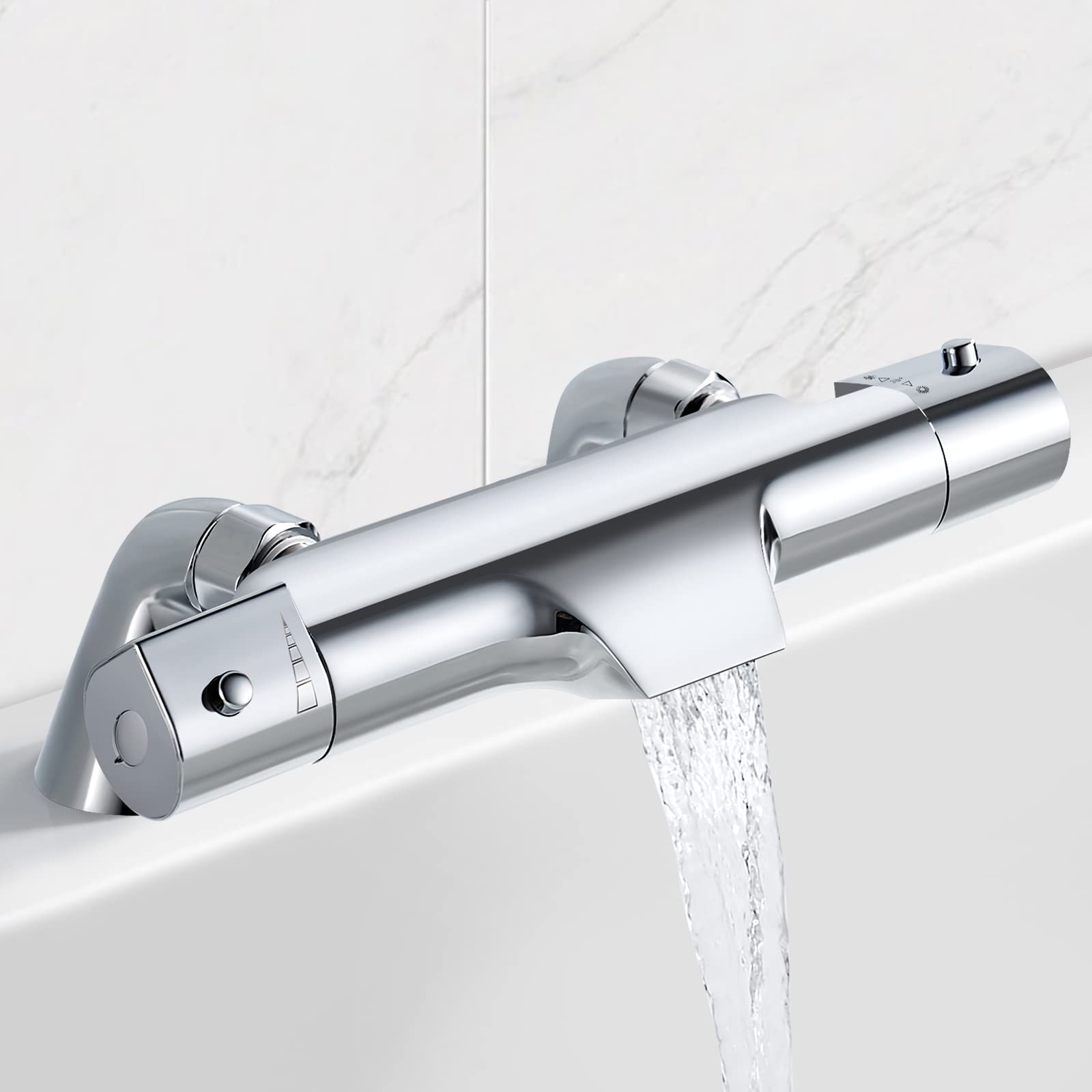 Solepearl Thermostatic Bath Shower Mixer Bar Deck Mounted, 38℃ Thermostatic Bathtub Shower Mixer Valve with Waterfall Bath Filler Spout, Exposed Brass Thermostat Tap Anti Scald, 180mm
