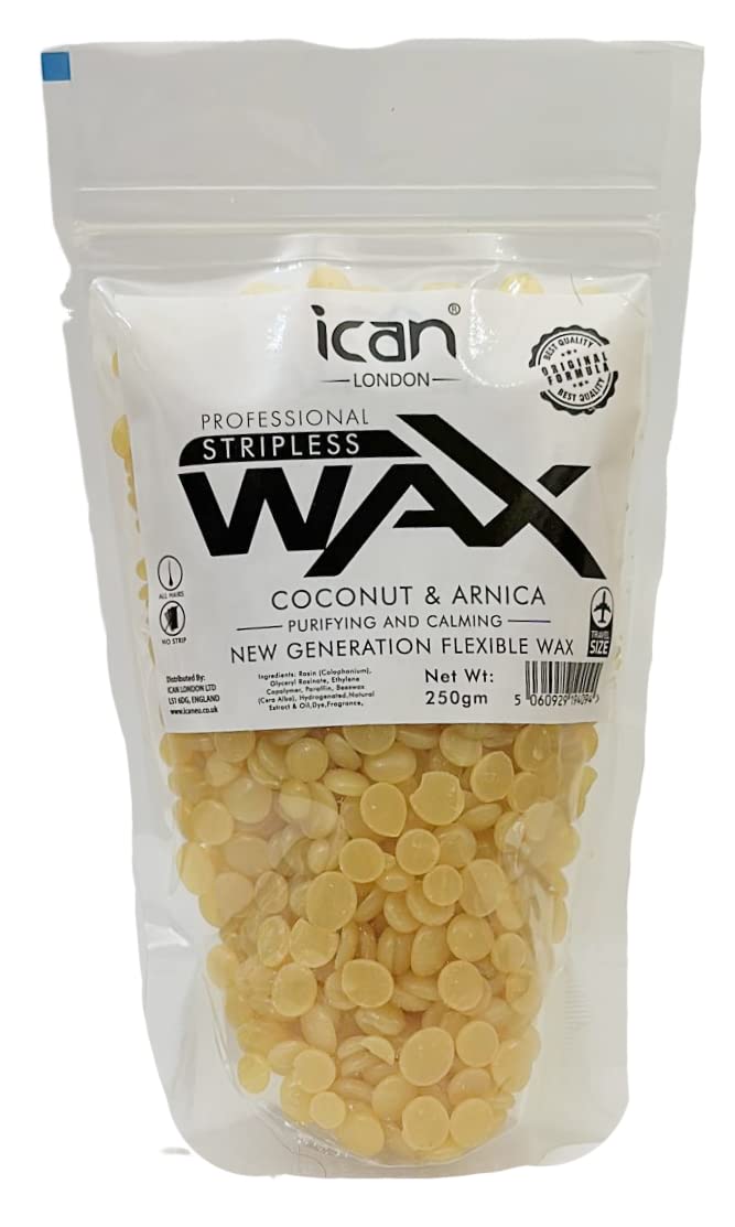 Ican London Professional Hard Wax Beads,Stripless Depilatory Waxing Pellets Solid Beans No Strip Needed, Pain Free Hair Removal Wax For Full Body (Coconut & Arnica, 250g)