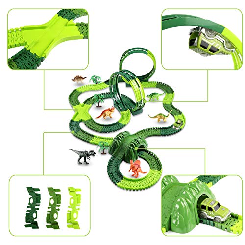 Lydaz Dinosaur Race Car Track Toy Mega Set 306 Pcs, Dual Loops 6 Dinosaurs Figures Flexible Train Track for Kids Boys Girls 3 Years Old and Up - Thumbnail 3