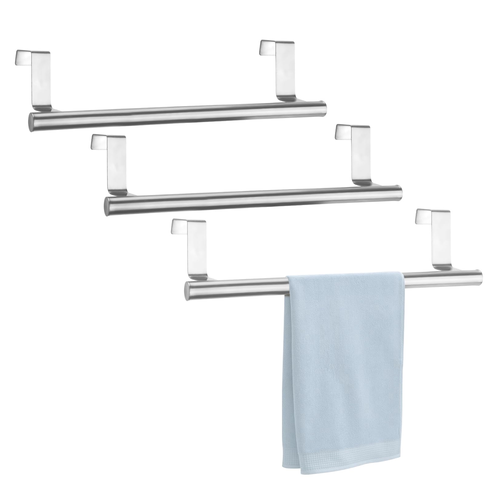 RETON 3 PCS Over The Door Towel Rail, Stainless Steel Tea Towel Holders- 23cm, Kitchen Towel Rail with Anti-slip Pads, No Drilling (Silvery)
