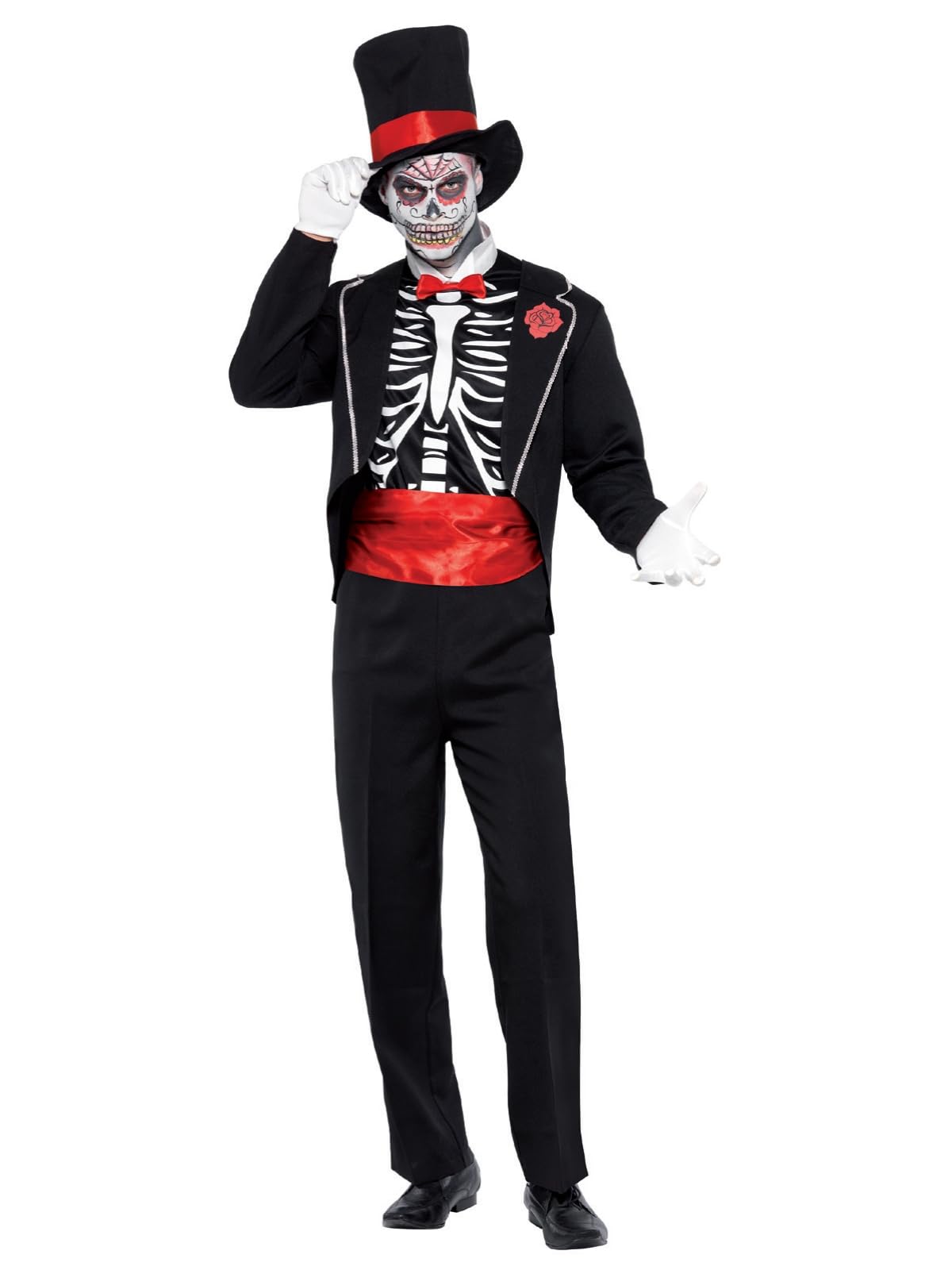 Smiffys Day of the Dead Costume, Black with Jacket, Mock Shirt Front, Hat and Gloves, Mexican Day of The Dead/Sugar Fancy Dress, Adult Dress Up Costumes