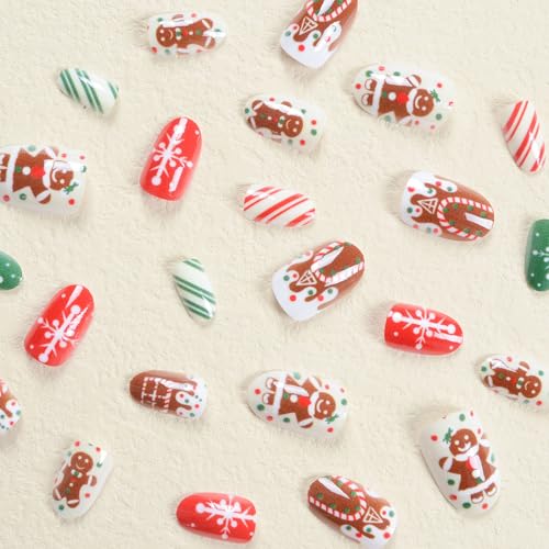 Christmas Press on Nails Short Almond Fake Nails with Gingerbread Man Designs Nails Press Ons Snowflake Glue on Nails Full Cover False Nails Christmas Acrylic Nails for Women 24Pcs - Image 3
