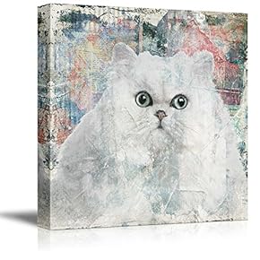 Square Cat Series Canvas Wall Art - A White Cat on Grunge Colorful Background - Giclee Print Gallery Wrap Modern Home Art Ready to Hang - 12x12 inches