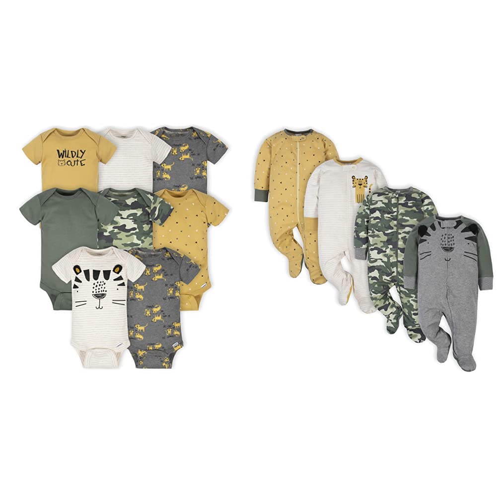 Gerber Baby Boys' 8-pack Short Sleeve Onesies and 4-Pack Sleep 'N Play Clothing Bundle, Tiger, 3-6M Image