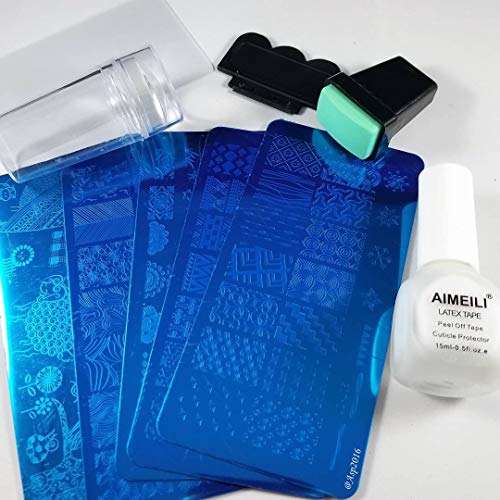 AIMEILI Nail Art Stamping Templates Manicure Tool Kit, 5pcs Nail Stamping Plates, 2 Stamper, 2 Scraper, 1 Latex Peel Off Tape