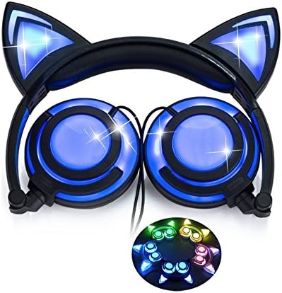 Cat Ear Headphones w/Rechargeable LED Lights - Newest 2019 Version Over Ear Headphones for Girls & Boys, Compatible for iPad, Android & Others, Lights Up Cat Ears & Speakers (black)