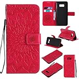 S8 Plus Case,Samsung Galaxy S8 Plus Cover,SMYTU Premium Emboss Sunflower Flip Wallet Shell PU Leather Magnetic Cover Skin with Wrist Strap Case(Red)
