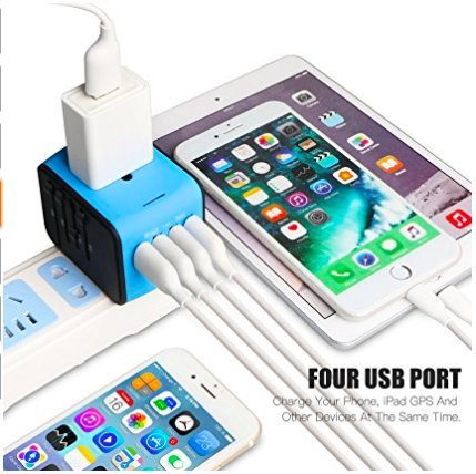 Unidapt International All in One Multi-Nation Worldwide Universal 4-USB Travel Power Adapter Charger - Travel to USA Europe Asia and UK Great for iPhone/Smartphones/Laptops & more (Blue)