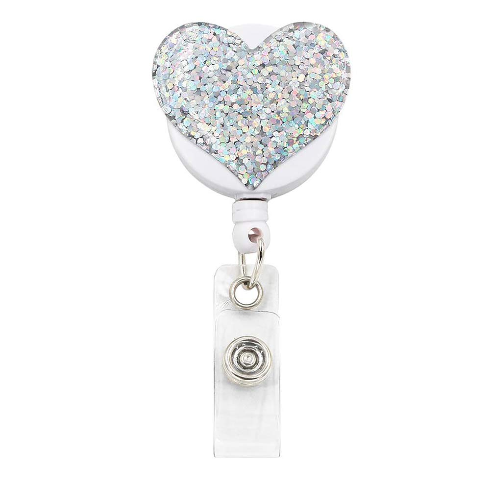 1 Pack Badge Reel Retractable ID Badge Holder with Belt Clip Glittery Heart Yo Yo Badge Reel Door Pass Holder Key Chain for Girls Nurse Teacher Student -Silver