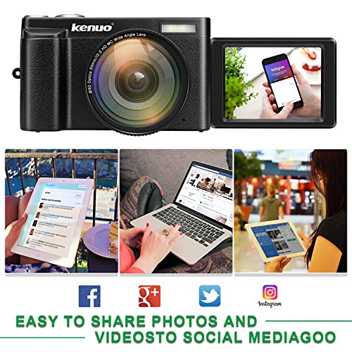 Digital Camera Vlogging Camera, KENUO FHD 1080p Video Camera with Wide Angle Lens MAX 24.0MP 3.0 Inch 180°Rotation Flip Screen 16X Digital Zoom Camera