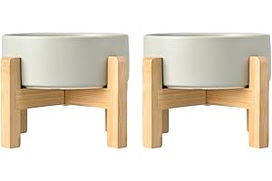 SPUNKYJUNKY Ceramic Elevated Dog Bowls 2 Pack - 5.1inch Raised Dog Bowls with Non-Slip Wooden Stand for Small Dogs Dishwasher Safe(Grey,13.5OZ*2)