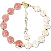 WRISTORI Women's Natural Strawberry Crystal & Baroque Pearl Beaded Bracelet, 8mm Simple Elegant Design, Attracts Love & Luck