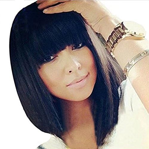 Ten Chopstics Short Bob Human Hair Full Lace Wig Full Bangs Glueless Short Brazilian Straight Human Hair Wig with Baby Hair for Black Woman 130 Density Lace front Bob Wigs (8 Inch/lace front wig)