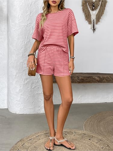 crazy bean Women's Summer 2 Piece Casual Shorts and Top T-Shirt Short Sleeve Striped Round Neck Sports Tracksuit Set