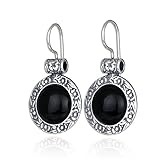 Antique Style Women's Round Black Onyx Earrings with Ornate Floral Design and Secure Backs