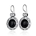 Antique Style Women's Round Black Onyx Earrings with Ornate Floral Design and Secure Backs