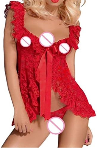 Hot Sale Women's Lingerie Sexy Underwear Lace Dress Babydoll Sleepwear G-string Set by Neartime (FREE, Red)