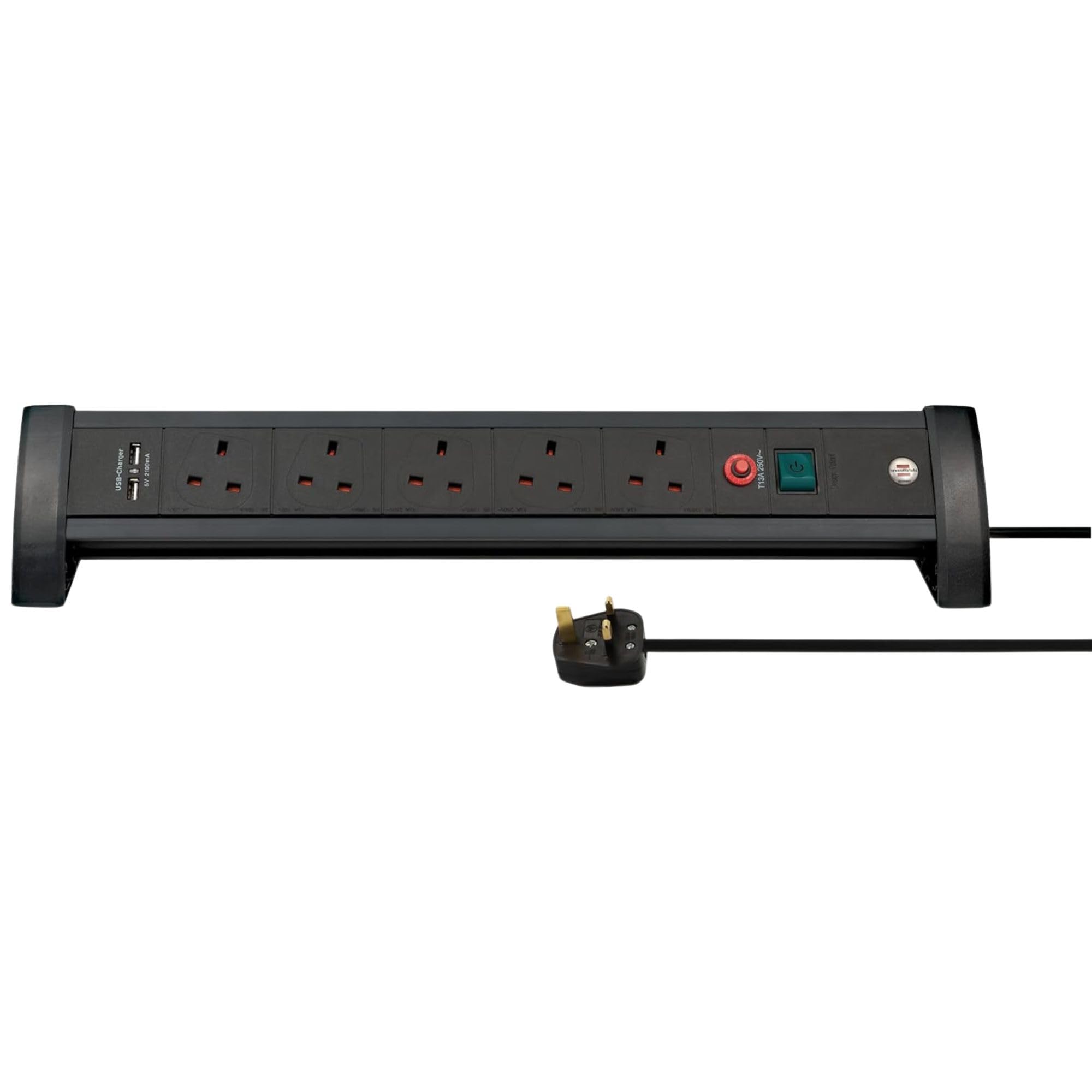Brennenstuhl Premium-Office-Line FB, 5-way extension lead for desk with 2 USB charging ports (switch and 3m cable, with Safety Fuse Button, Made in Germany) black
