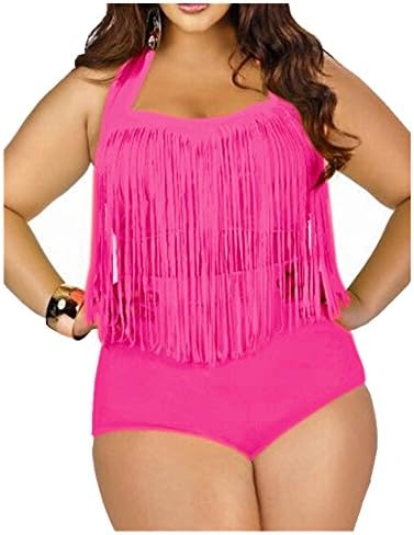 ReachMe Womens Plus Size Print High Waist Two Piece Tassel Swimsuits(2 Rose Red 2XL)