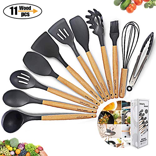 Kitchen Utensil Set Silicone Cooking Utensils 11Piece - Cooking Utensils Set with Bamboo Wood Handles for Nonstick Cookware,FDA approved, Non Toxic Turner Tongs Spatula Spoon Set.-Chef's Hand