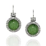 Antique Style Round Green Aventurine Gemstone Earrings with Ornate Floral Design and Secure Backs