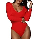 GEMBERA Women's Deep V Neck Long Sleeve Bodysuit Ribbed Knit Bodycon Basic Bodysuit Tops