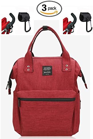 Waterproof Backpack with 2 Stroller Hooks - Durable, Stylish, Large Capacity - Diaper Bag, Maternity Travel, Multi-Function (Dark Cherry Red)