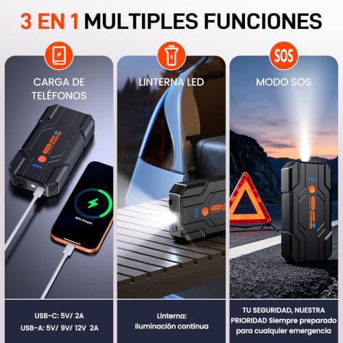 Motor de arranque de bateria de carro 14.8V-8000A com arranque de emergência para motor a gasolina 9.0L ou diesel de 8.5L, power bank portátil com carregamento rápido QC3.0, lanterna LED e pinças inteligentes