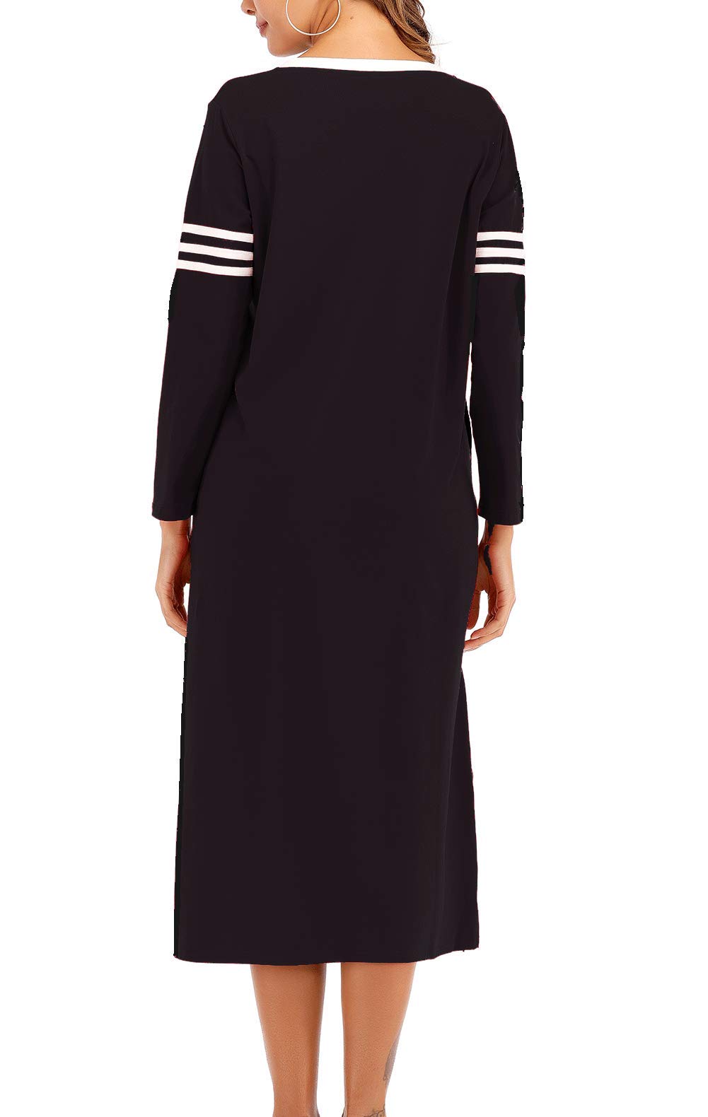 AOVXO Long Nightgown Womens V Neck Long Sleeve Nightshirt Ultra-Soft Cotton Fabric Split Hem Design with 2 Side Deep Pockets (Black, 2XL)