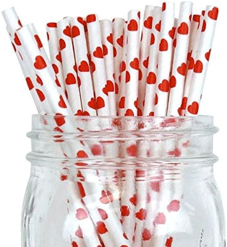 Red/White Heart Set of 100 Count Size 7 3/4 inch Stripe Design Paper Drinking Straw Baking Sticks Cake Pop Sticks For Cake Pops Lollipops Crafts Cupcake Toppers Rock Candy and Brownie Pops