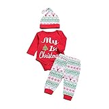 Mikrdoo Christmas Outfit Set My First Christmas Printed Rompers + Pants + Hat 3Pcs Clothes Set (12-18 Months)