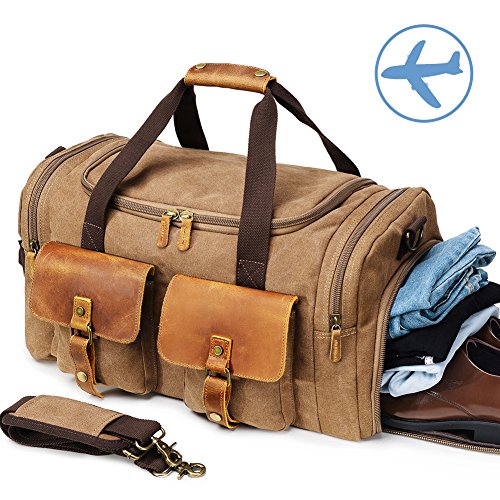Canvas Duffle Bag Overnight Bags for Men Weekend Travel Duffel Weekender Bags For Women Canvas Leather Gym Travel Shoulder Tote Carry On Luggage Large with Shoe Compartments (Coffee)