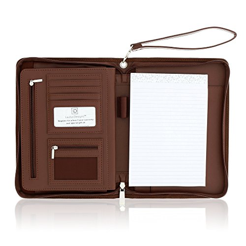 Small Zippered Business Padfolio with Junior Legal Notepad - Dark Brown PU Leather Portfolio Binder & Organizer Folder with 8 Inch Tablet Sleeve by Lautus Designs