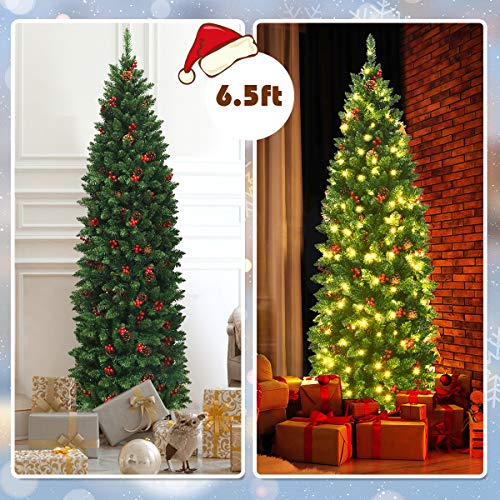 Goplus 6.5FT PreLit Pencil Christmas Tree with 250 LED Lights, Hinged