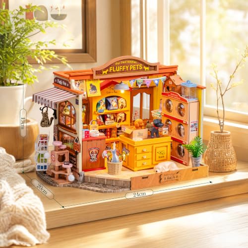 Rolife DIY Miniature Dollhouse Fluffy Friends Store 397 Pcs Wood Kit | 1:18 Scale LED Lighting Grooming Salon 7H Mounting Snap-Fit Intermediate Wooden Puzzle 3D Gift Adult Teen