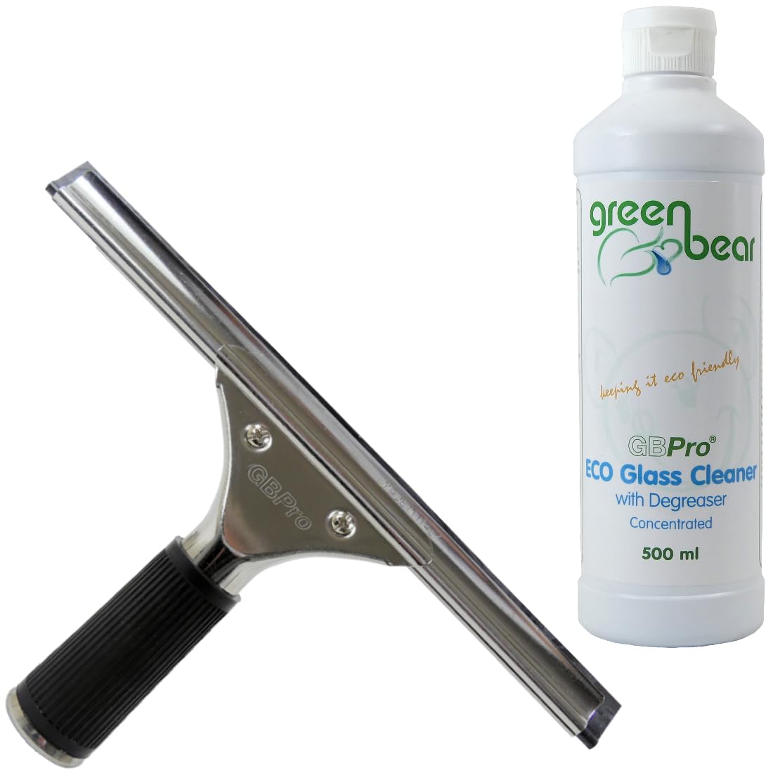 GBPro Professional Window Squeegee Stainless Wiper 25cm / 10 inches + Eco Concentrated Glass Cleaner with Degreaser