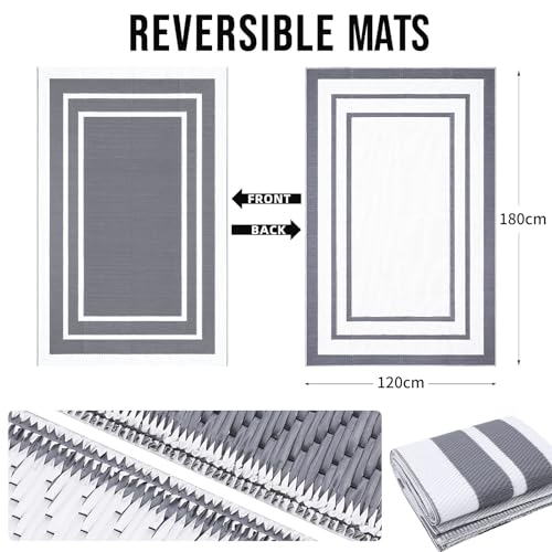 Homaxy Waterproof Outdoor Rug, Anti-slip Reversible UV Resistant Garden Rugs, Easy Cleaning Carpet for Camping, Patio, Beach, Picnic, Backyard - 120 x 180 cm, Grey & White