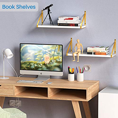 STORAGEGEAR White Floating Shelves with Modern Stylish Golden Metal