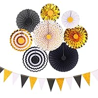 RFWIN Party Hanging Paper Fans Set, 8 Pcs Black Gold Paper Pennant Banner Decorations for Baby Shower Birthday, Bachelorette Wedding Engagement, Carnival Graduation Events Supplies