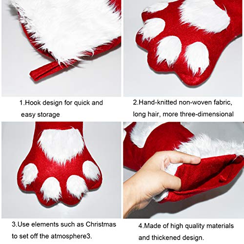 Malier Christmas Stockings Cute Cat Dog Paw Hanging Socks for Holiday and Xmas Decorations Fireplace Hanging Ornament,17x11 Inches - Red - Thumbnail 6