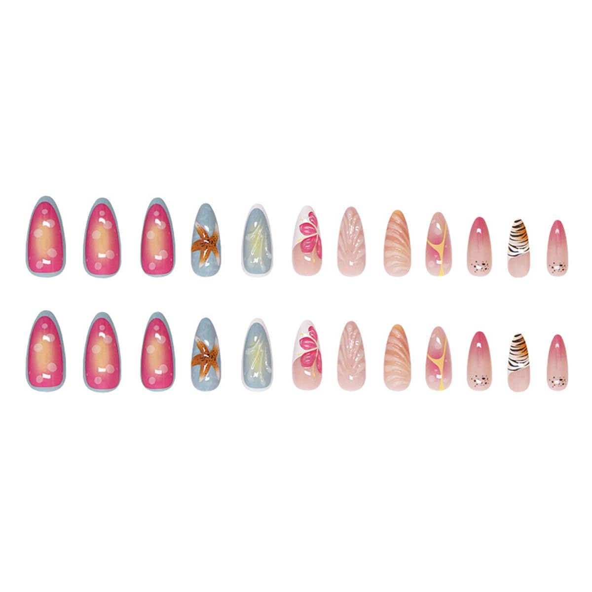 Summer Press on Nails Medium Almond Fake Nails 3D Mermaid False Nails Vacation Nails Press ons with Floral Starfish Designs Reusable Acrylic Nails Full Cover Stick on Nails for Women Manicure 24Pcs - Image 5