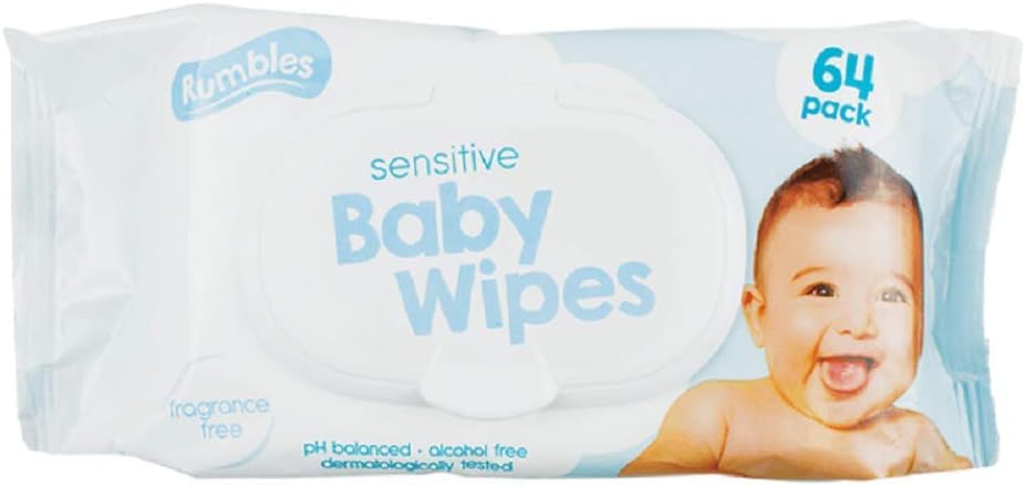 White Sensitive Baby Wipes (10 x 23 x 6 cm), 1 Pack of 64, Fragrance-Free & Alcohol-Free Wipes, Dermatologist Tested