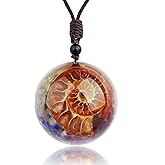 7 Chakra Crystal Necklace Natural Quartz Resin Ammonite Fossil Energy Stone Spiral Pendant with Adjustable Rope Shield Spiritual Healing Jewelry Gift for Women Men