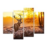 Canvas Print Wall Art Painting For Home Decor,Deer In Autumn Forest In Sunset Animal Wildlife 4 Piece Panel Paintings Modern Giclee Stretched And Framed Artwork The Picture For Living Room Decoration,Animal Pictures Photo Prints On Canvas