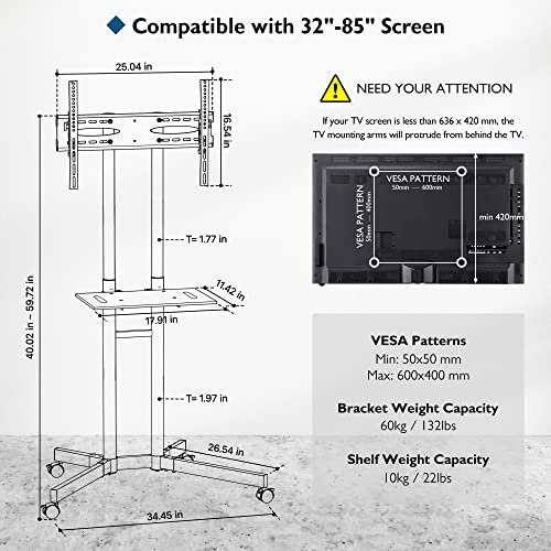 BONTEC Mobile TV Cart, Tilt Rolling TV Floor Stand with Locking Wheels
