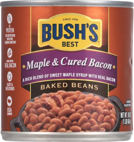 BUSH’S CANNED MAPLE CURED BACON BAKED BEANS (PACK OF 1), PROTEIN, GOOD SOURCE OF FIBER, LOW FAT, GLUTEN FREE, 16 OZ