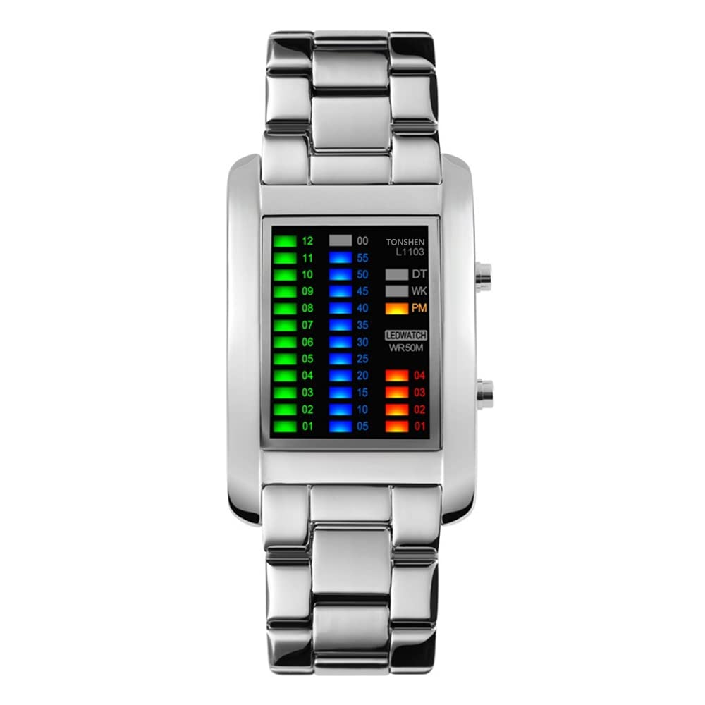 Unisex Digital Watch 4 Colors LED Lights Binary Watch Waterproof 50M 164FT Water Resistant tainless Steel Watch for Men Women Calendar Date Week Fashion Sport Dress Wrist Watch - Black (White)