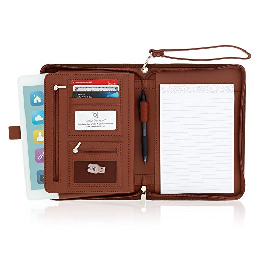 Junior Zippered Business Padfolio with Notepad - Light Brown PU Leather Portfolio Binder & Organizer Folder with 8 Inch Tablet Sleeve by Lautus Designs - Thumbnail 2